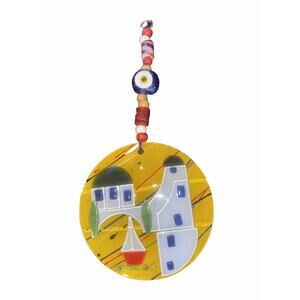 Fused glass Evil Eye Nazar Boncuğu Q-Art Ev Temalı Nazarlık 4.75" Round 10" Long